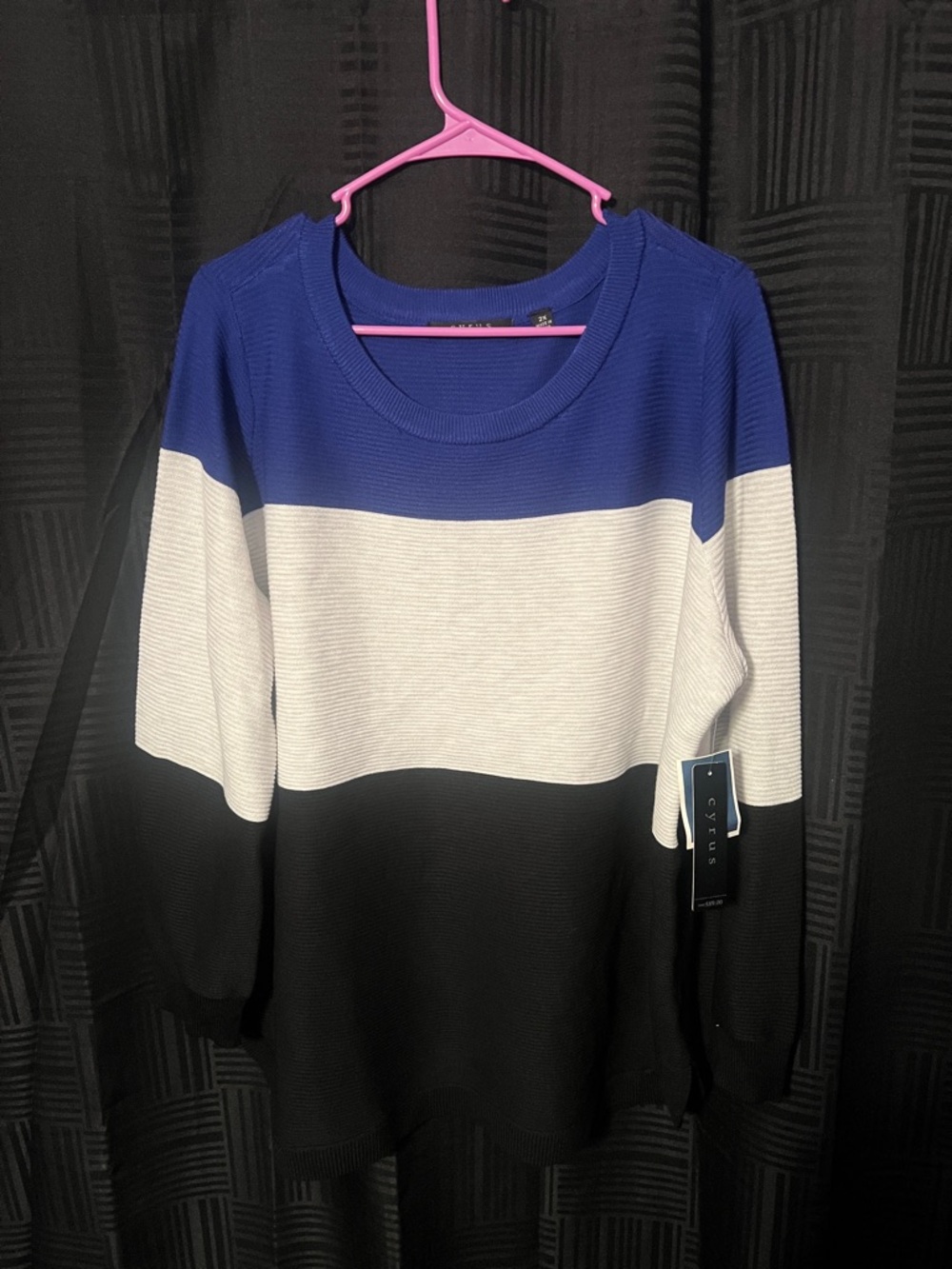 Cyrus Blue, White & Black Colorblock Crewneck Sweater